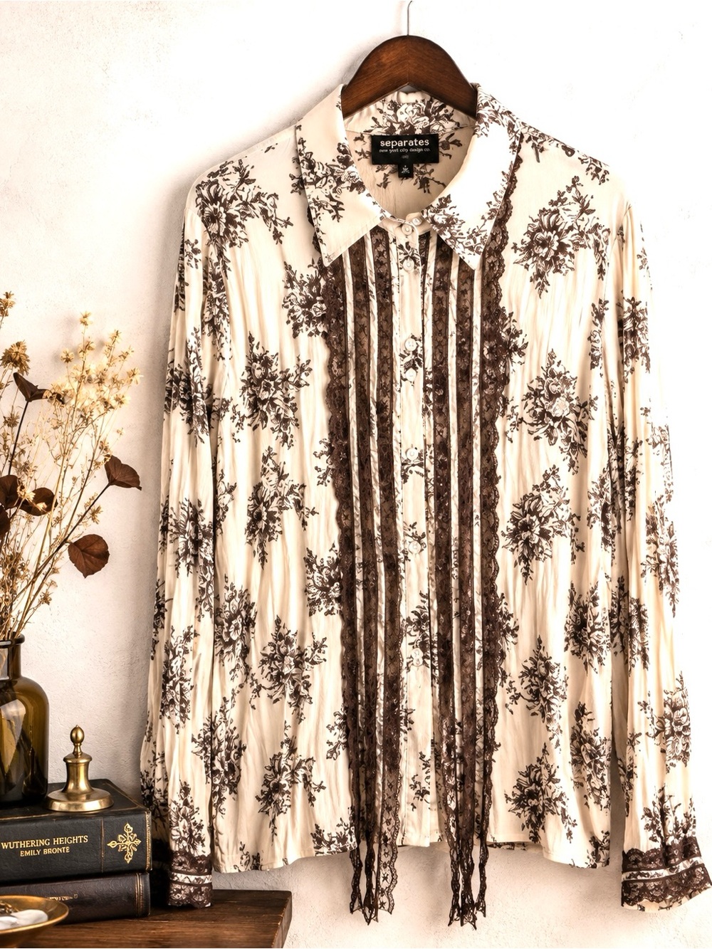 Vintage Victorian Floral Lace Tuxedo Blouse Dark Romantic XL